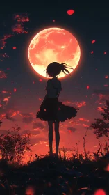 Silhouetted girl stands before large glowing red moon