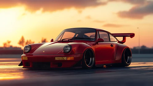 Widebody red sports coupe under sunset-specular lighting.