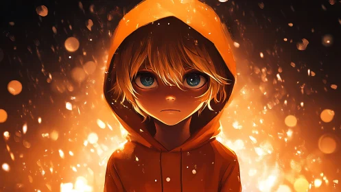 Hooded child in ember-lit portrait balances glow and shadow