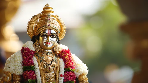 Resplendent Hindu deity statue in ornate floral garlands.