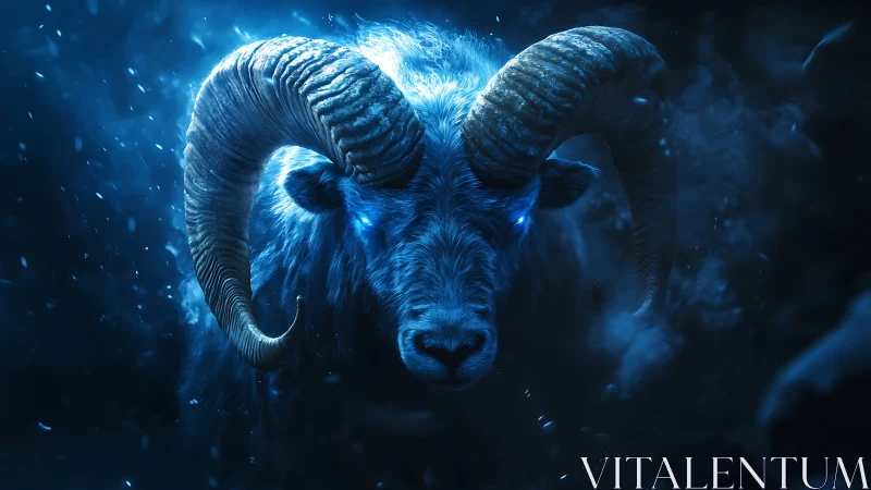 Mythic ram glows with electric blue eyes in frozen storm