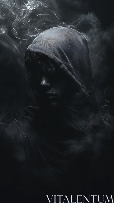 Smoke-veiled stranger leans from darkness in hush of gray