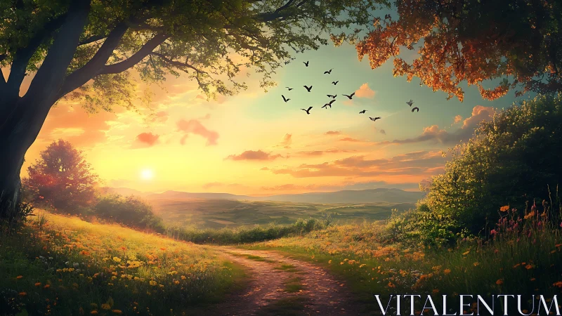 Serene countryside path at sunset with vibrant wildflowers and birds.