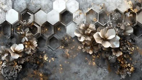 Hexagonal 3D wall relief integrates metallic flowers precisely