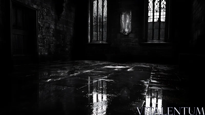 Dark stone corridor shows wet reflective floor and windows