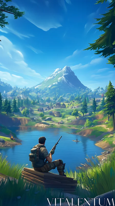 Armed figure surveys stylized mountain lake settlement