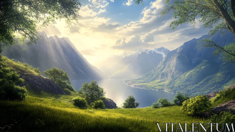 Sunlit alpine fjord valley with steep cliffs and village shore