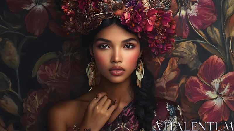 Chromatic portrait of floral-crowned woman in digital chiaroscuro.