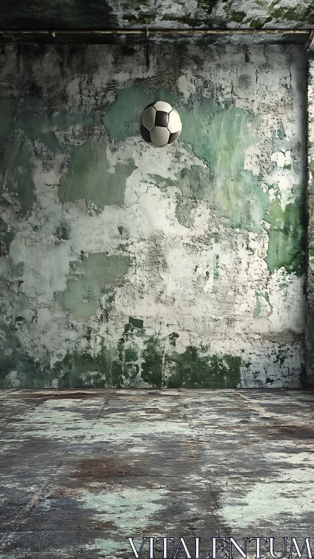 Soccer ball suspended in decayed concrete room with peeling paint