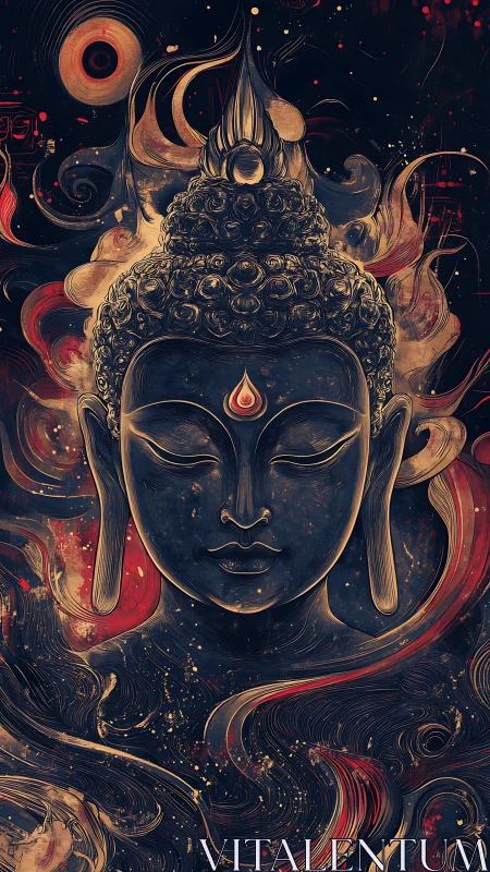 Buddha portrait in dark swirling gold and red energy.