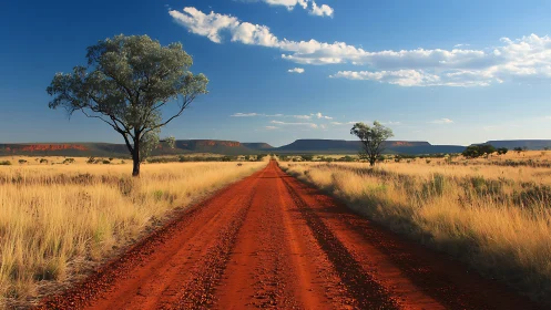 Red dirt outback road cutting through golden grassland.