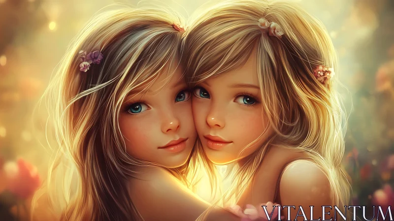 Digital painting portrait of twin girls in luminous bokeh field.