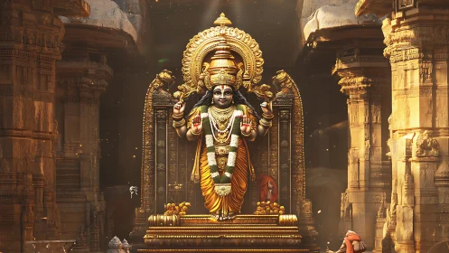 Golden temple deity bathed in soft, timeless morning light.