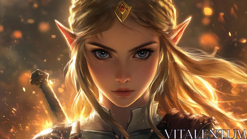 Elven warrior portrait under embers and golden light.