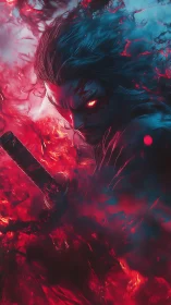 Demonic swordsman with glowing red eyes stands in flame