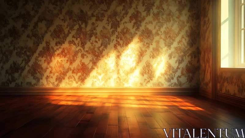Golden sunlight floods an empty vintage room with quiet warmth