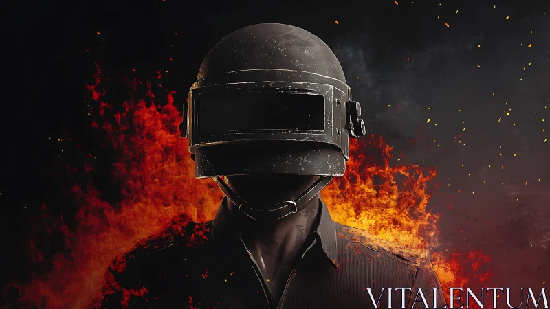 Battle-ready helmeted warrior rises from roaring flames