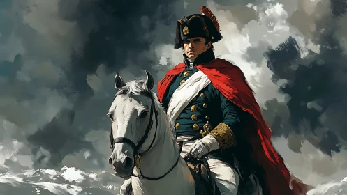 Mounted military officer in red cloak under stormy sky.