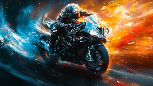 Rider between fire and ice streaks on a blazing superbike.