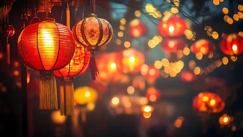 Low depth-of-field study of glowing red festival lanterns.