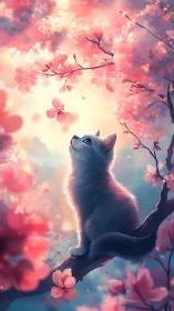 Feline Subject Gazing Skyward Through Efflorescent Blossoms.