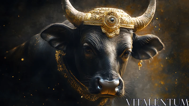 Regal black bull with ornate golden crown in dark smoke.