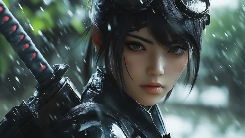 Rain-soaked warrior girl meets the storm with calm resolve