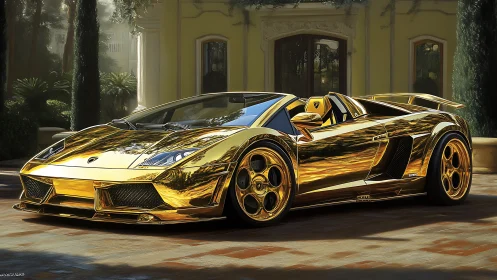 Golden supercar roadster outside luxury Mediterranean villa.