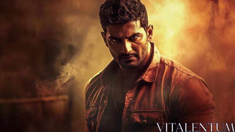 Cinematic low-key portrait of intense man in warm smoke