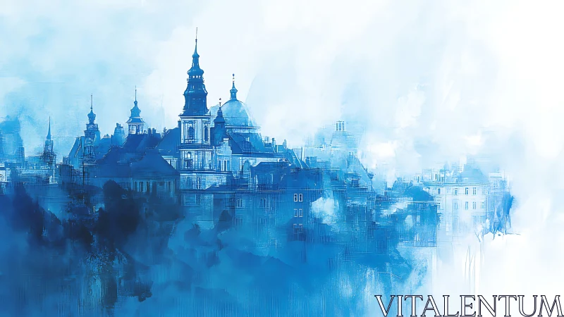 Monochrome architectural skyline in atmospheric blue diffusion.