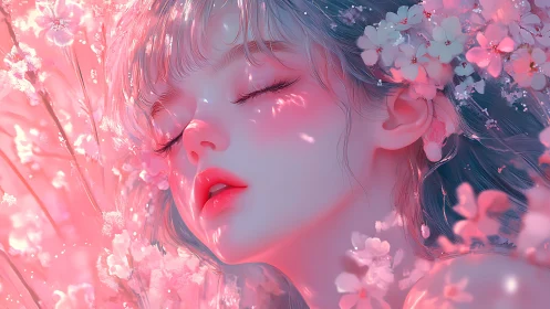 Chromatic sakura portrait under diffuse petal luminance.