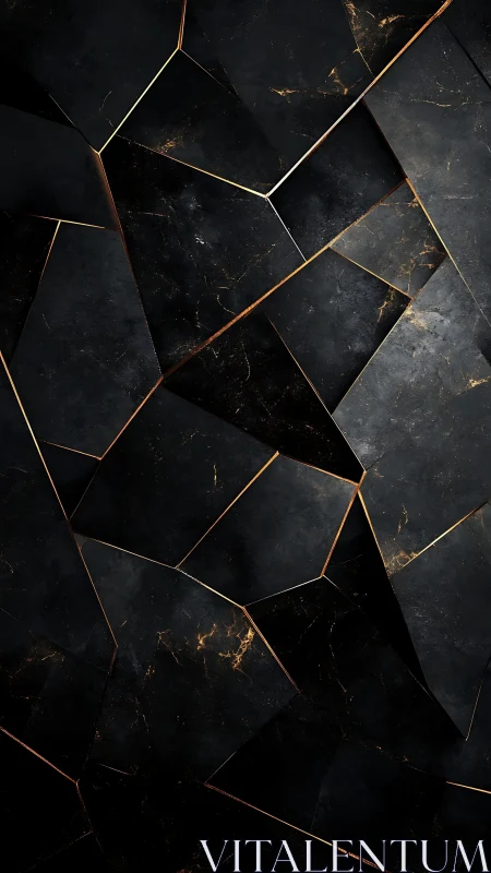 Dark geometric marble planes with molten gold fractures.