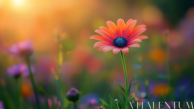 Red Gerbera Flower in Field with Blurred Background Bokeh