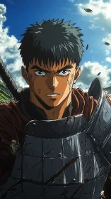Battle-hardened anime warrior under a dramatic sky.