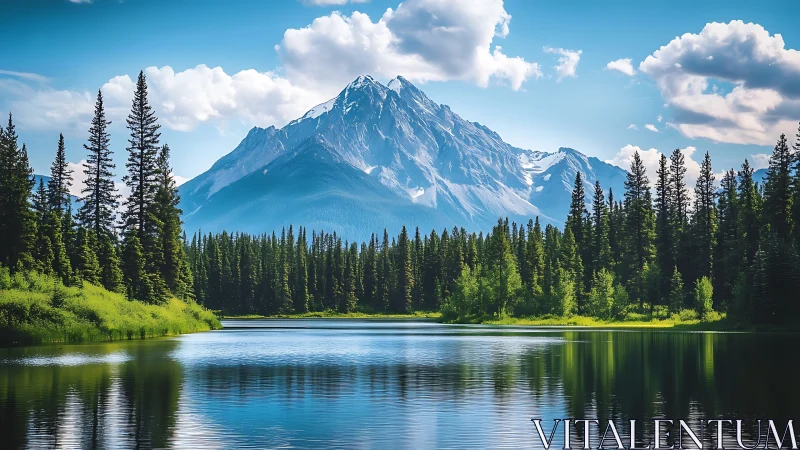 Snowcapped alpine peak mirrored in conifer lake panorama