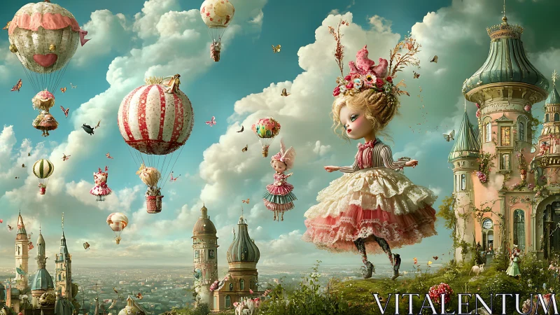 Whimsical doll princesses drift among pastel hot air balloons