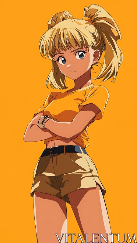 Confident anime girl stands tall against bold orange sky