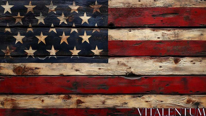 Weathered American flag painted across rough wooden planks