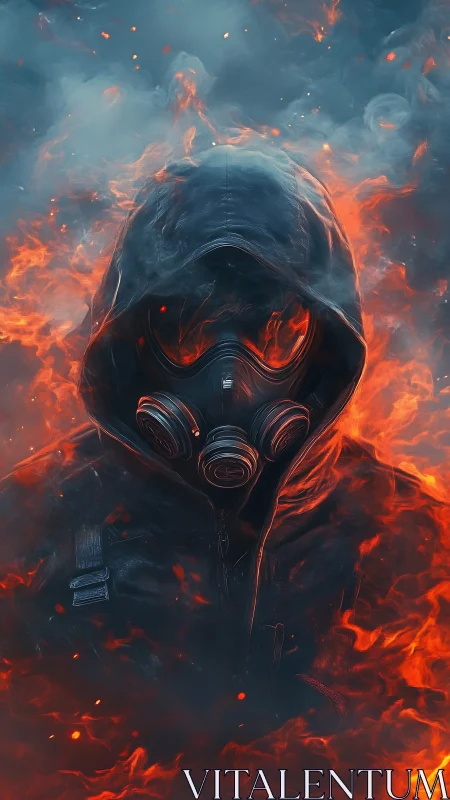 Hooded gas mask figure emerging through infernal flames.