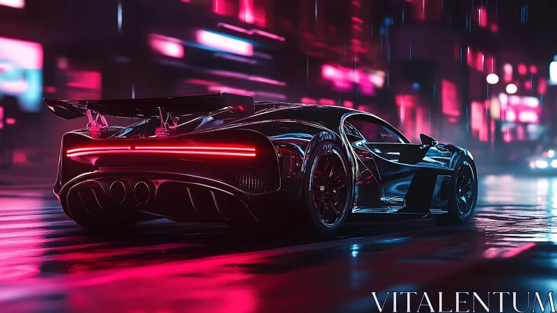 Futuristic sports car on wet neon city street at night.