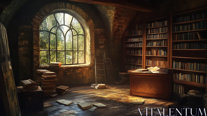Stone-arched library interior with desk and bookshelves.