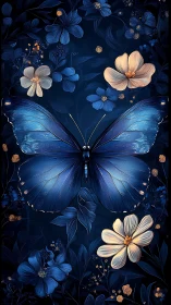 Midnight blue butterfly drifting through gentle floral glow.