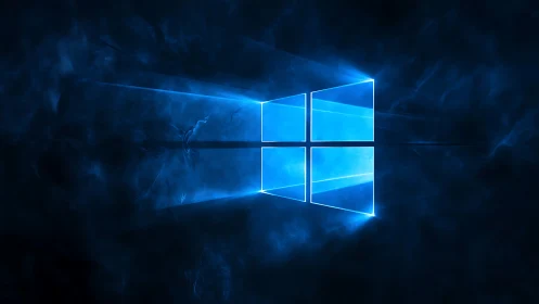 Glowing blue window logo radiates through dark digital fog