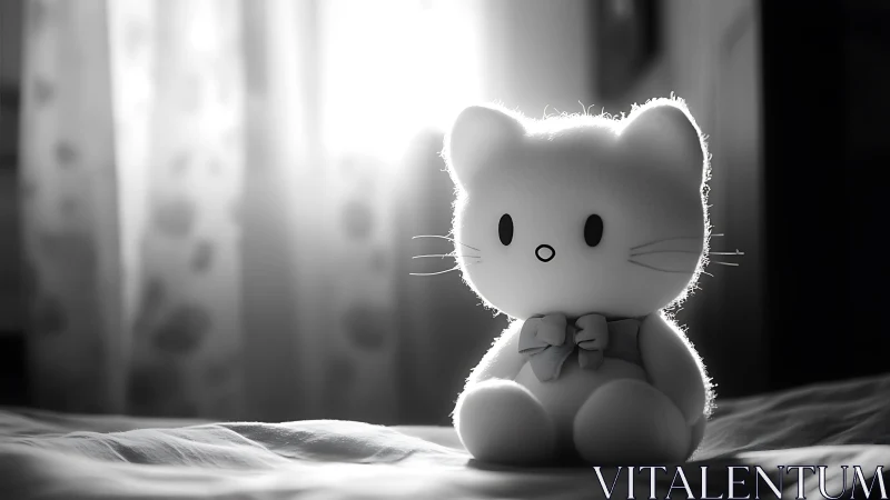 Plush cat toy on bed in backlit black and white scene.