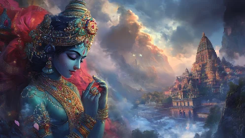 Sacred blue goddess gazes over a glowing mountain temple