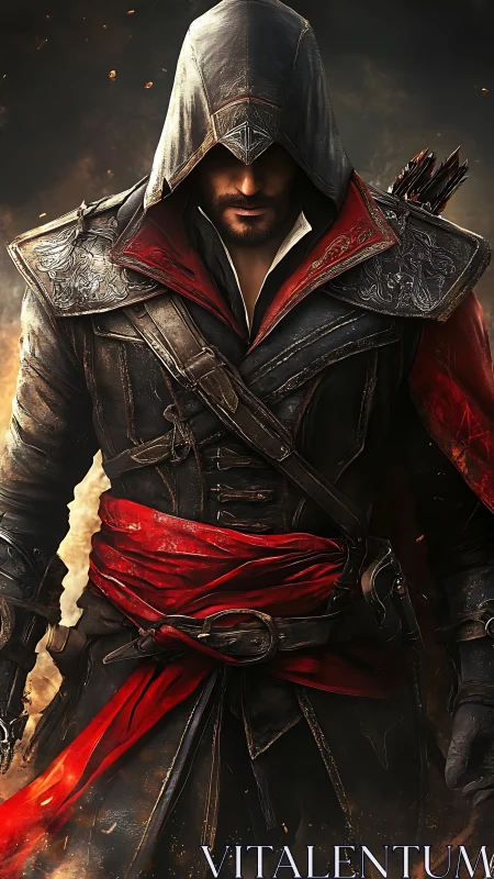 Hooded rogue in embossed leather armor with dynamic red sash