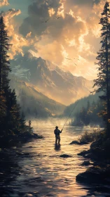 Fluvial angler silhouetted against alpine cumulonimbus backlight.
