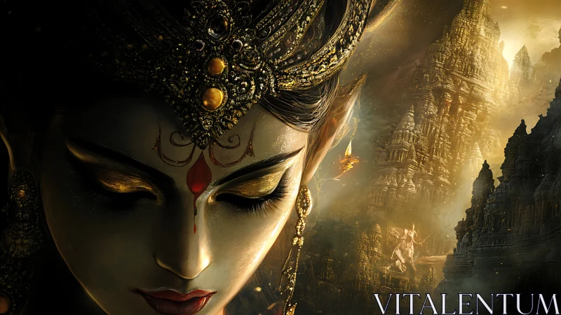 Divine female visage with ornate crown and temple landscape.