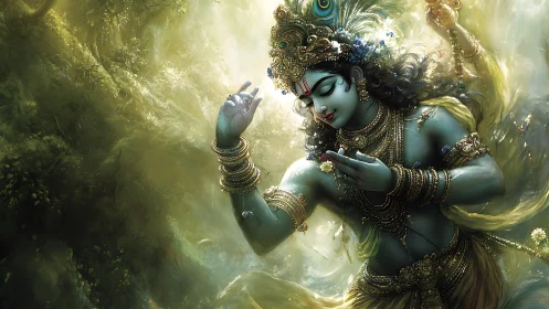 Divine blue-skinned dancer moves through luminous forest mist