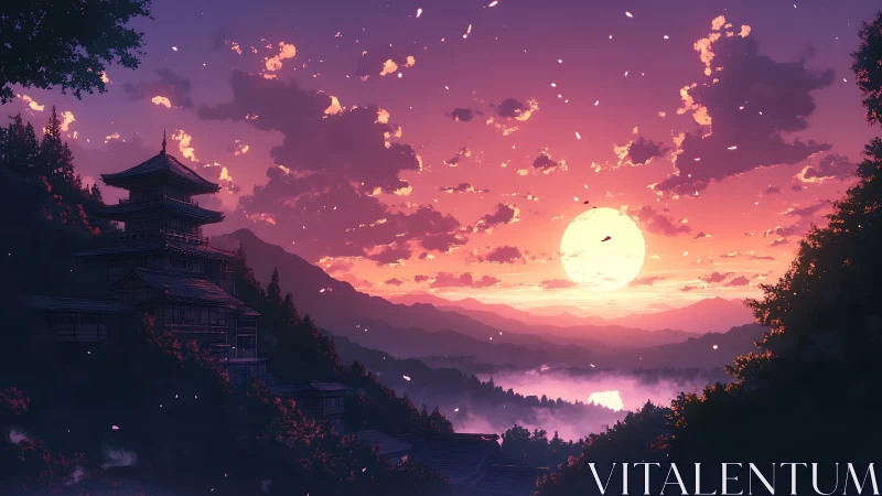 Mountain valley sunset with tiered wooden pagoda silhouette.